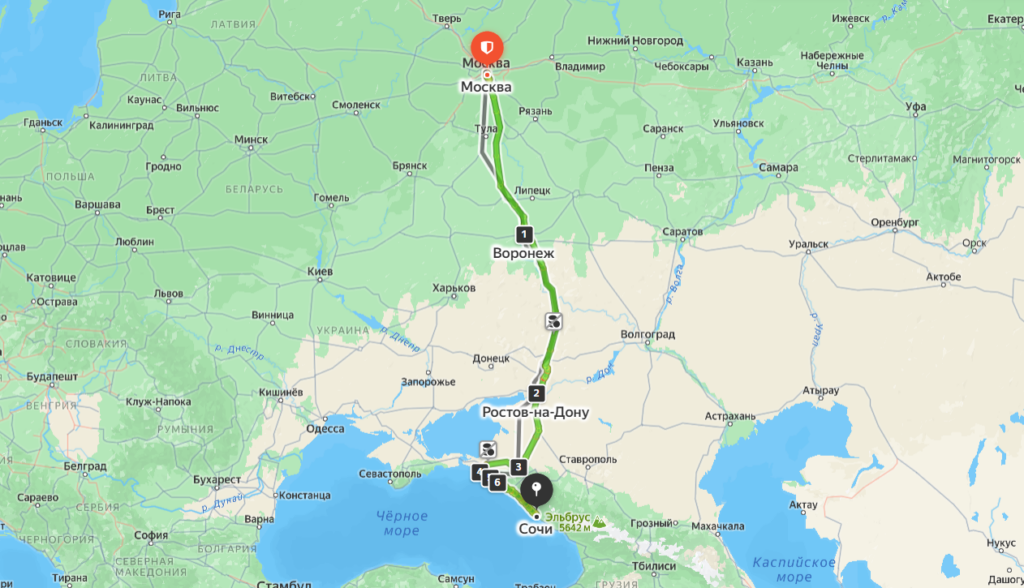 Маршрут Москва-Воронеж-Ростов-на-Дону-Краснодар-Анапа-Новороссийск-Геленджик-Сочи